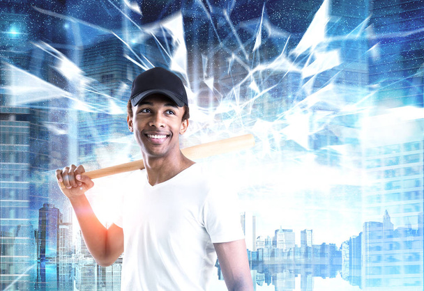 African American guy with a bat, city, polygons - Foto, Imagem
