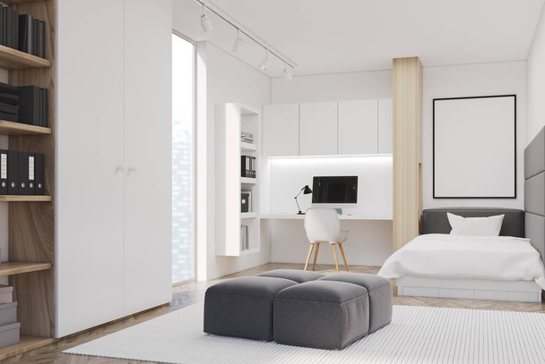 White bedroom and home office, single, side - Fotografie, Obrázek