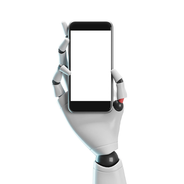 White robot hand with a smartphone, white - Fotó, kép