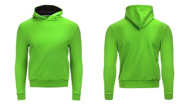 Lege groene mannelijke hoodie sweatshirt met uitknippad, heren pullover voor uw ontwerp mockup en sjabloon om af te drukken, geïsoleerd op witte achtergrond. - Foto, afbeelding
