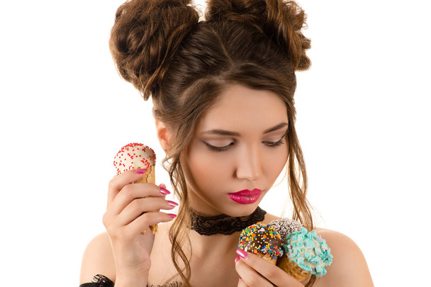 sexy brunette woman with fashion curly hair with ice cream in hand - Foto, immagini