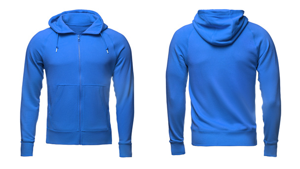 Beyaz arka plan boş mavi erkek kapüşonlu sweatshirt kırpma yoluyla, erkek kazak tasarım mockup ve şablon baskı, izole. - Fotoğraf, Görsel