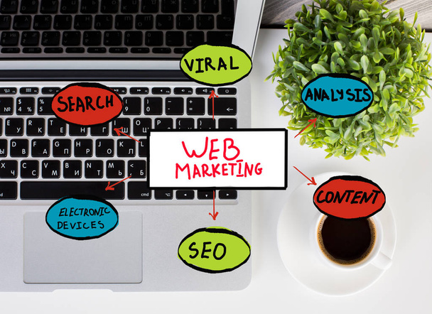 Top view of white office desktop with laptop, coffee cup, decorative plant and web marketing diagram. SEO concept  - Fotó, kép