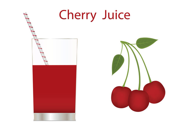 Cherry juice in a glass of red cherry with leaves isolated on white background art creative vector element for design - Vecteur, image