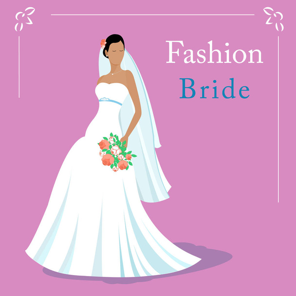 Vector Illustration of a fashion beautiful bride wearing white wedding dress and holding a bouquet. EPS 10  - Vector, Image