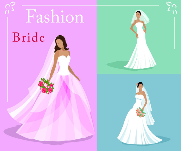 Vector set of a fashion beautiful brides in white wedding dresses with a bouquets. EPS 10  - Vector, Imagen