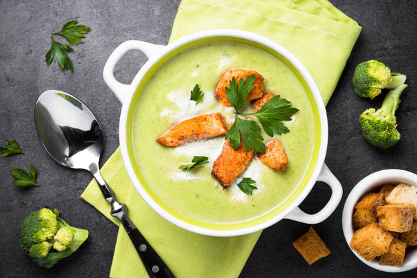 Green soup puree with broccoli and salmon. - Photo, Image