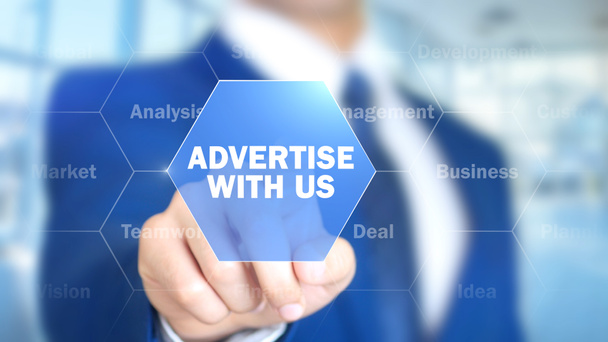 Advertise With Us, Man Working on Holographic Interface, Visual Screen - Фото, изображение