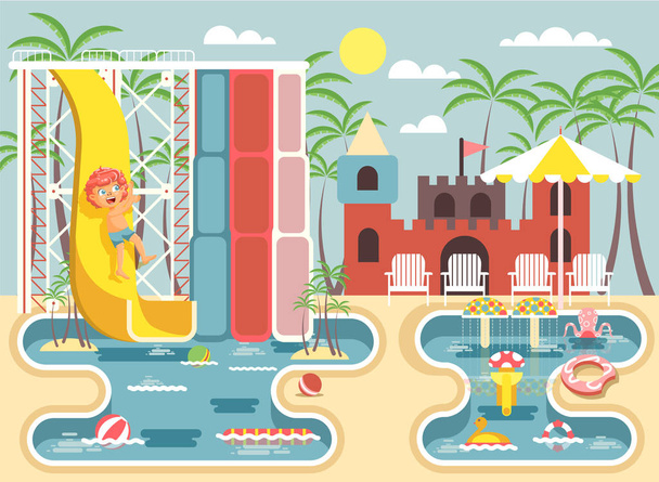 Wektor ilustracja kreskówka postać dziecko rude boy jazda zjeżdżalnia wodna wchodzących w basenie frolicking lub odpoczynek park wodny, atrakcje wodne, leżaki pod słońcem-parasol, płaski - Wektor, obraz