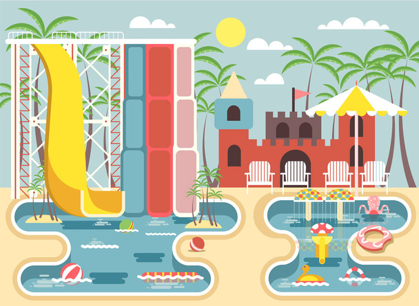 Векторная иллюстрация внешнего аквапарка, открытый пейзаж, аквапарк с водными горками, развлечения, фонтан, бассейн, шезлонги под зонтиком в плоском стиле для инфографики
 - Вектор,изображение