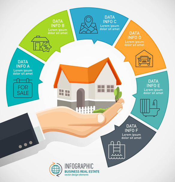 Businessman holding a house. Real Estate business Infographic with icons. - Vector, Image