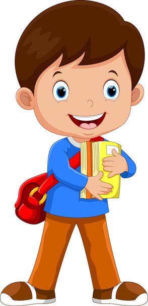 Симпатичный школьник ходит с книгами
  - Вектор,изображение