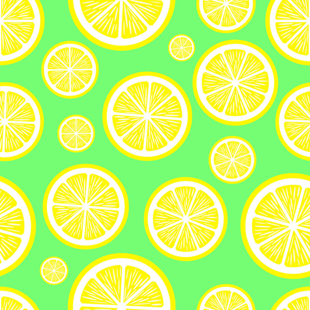 緑の背景にスライス レモンとシームレスなパターン - ベクター画像