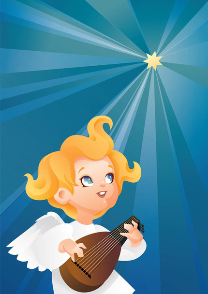 luteist angel musician flying on a night sky making music on lute to a Christmas star - Вектор, зображення