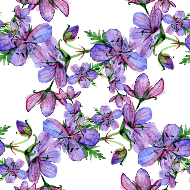 Watercolor floral seamless pattern with Forest geranium flowers on white background - Fotó, kép