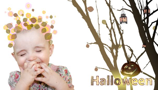 Halloween. the little witch laughs. cute photo. - Fotó, kép