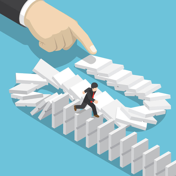 Isometric businessman running away on domino that falling by big - Vector, Image