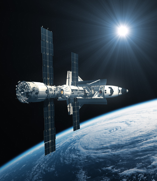 Ônibus Espacial e Estação Espacial Internacional Orbitando o Planeta Terra
 - Foto, Imagem