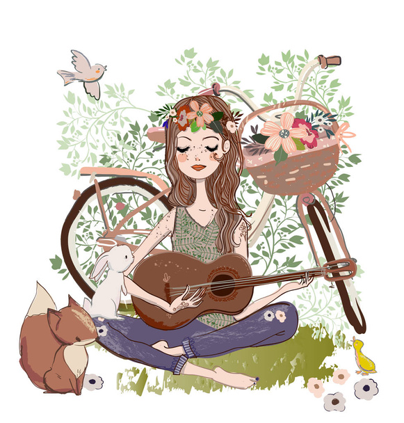 de jonge vrouw cartoon met gitaar en fiets - Vector, afbeelding