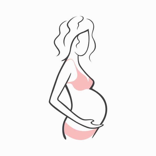 Zeichnung linear schöne schwangere Mädchen in rosa Kleidung. Geburt eines Kindes. Vektorgrafische Illustration von gezeichneten Silhouetten für das Design. - Vektor, Bild