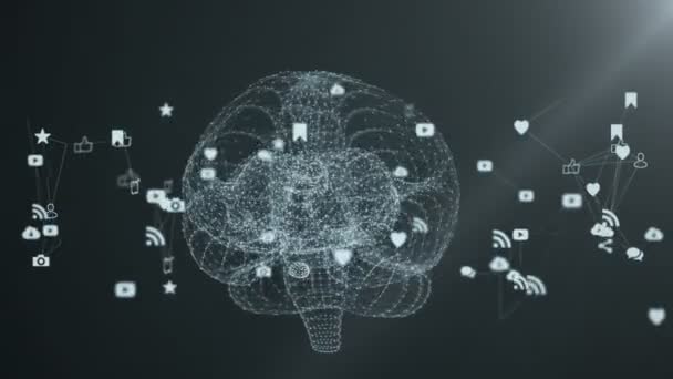 Das menschliche Gehirn wird durch sich drehende Multimedia-Icons geformt. - Filmmaterial, Video
