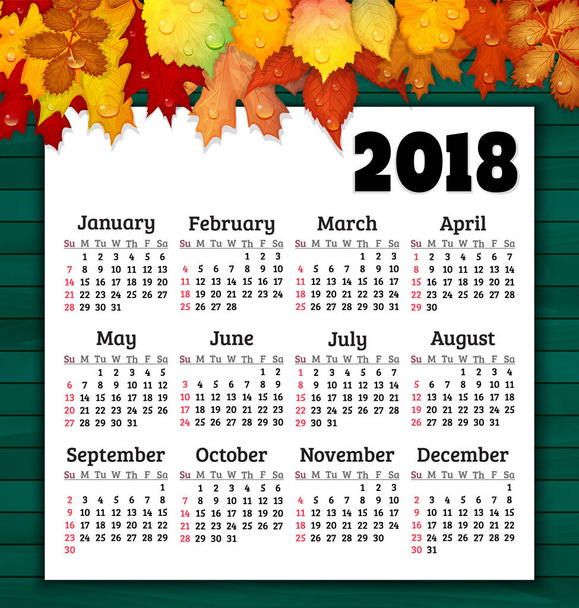 Kalender für 2018 mit bunten Herbstblättern - Vektor, Bild