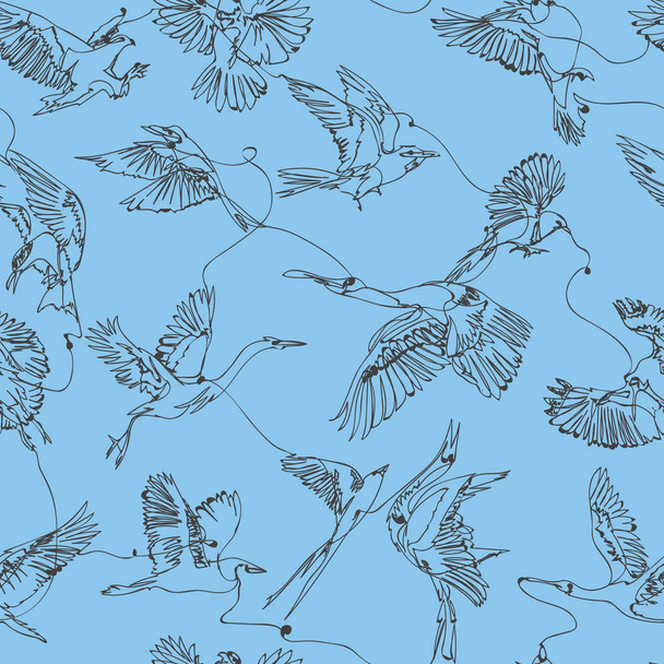 Single line bird drawings seamless pattern - Vektör, Görsel