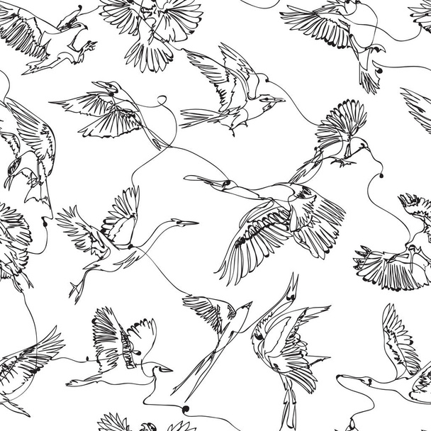 Single line bird drawings seamless pattern - Vector, Image