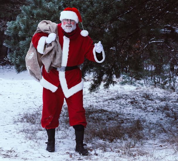 Kerstman in het forest van de winter met een zak van giften en greetin - Foto, afbeelding