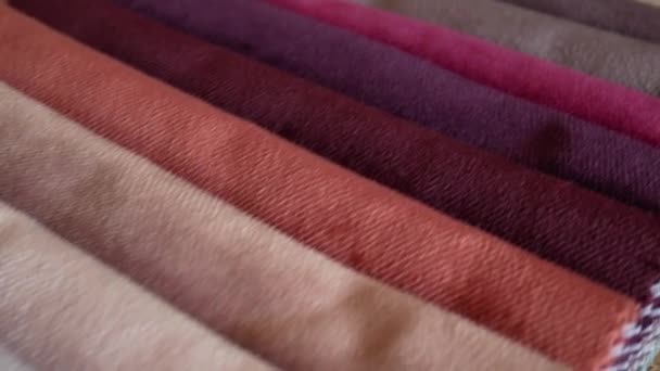 Текстильна тканина зразки на семінарі кравці текстур - Кадри, відео