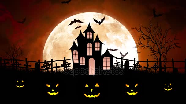 Luna de Halloween sobre el castillo en el cielo naranja
 - Metraje, vídeo