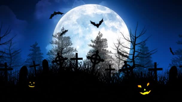 Luna de Halloween sobre el cementerio en el cielo azul
 - Imágenes, Vídeo