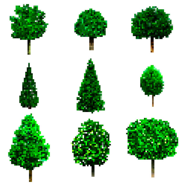 Pixel art trees collection isolated on white. vector trees set - Vector, Image