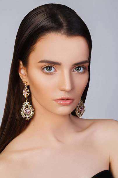 beauty make up clean skin face of girl earrings with jewels - Photo, image