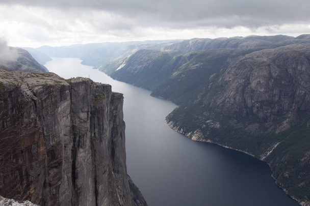 Aerial view of Lysefjorden from the mountain Kjerag, in Forsand municipality in Rogaland county, Norway. - Fotoğraf, Görsel