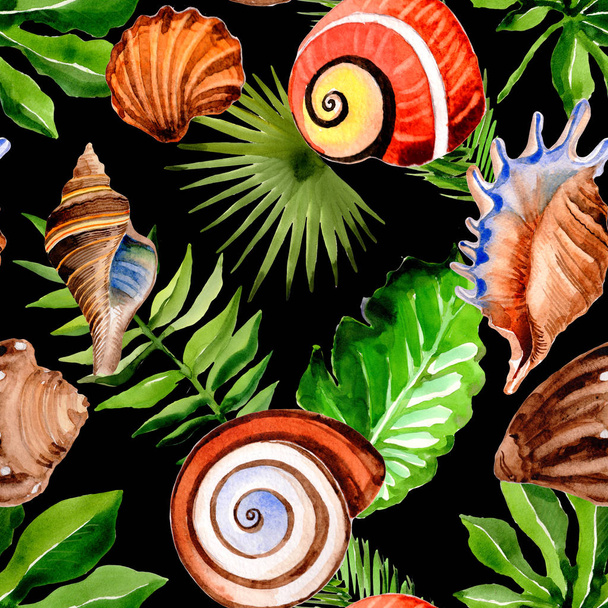 Tropische Hawaii verlaat palm tree en zee schelp patroon in een aquarel stijl. - Foto, afbeelding