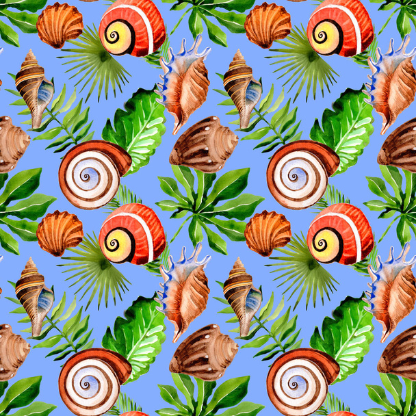 Тропічний Гаваї листя Пальмова дерево і море оболонки шаблон в акварель стиль. - Фото, зображення