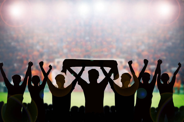 σιλουέτες των οπαδών ποδοσφαίρου σε έναν αγώνα και των θεατών στο ποδόσφαιρο - Φωτογραφία, εικόνα