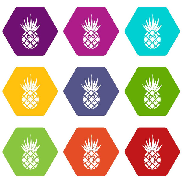 Smiling pineapple icon set color hexahedron - Vektori, kuva