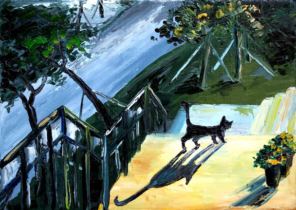 preto gato caminha até o escadas no quintal
 - Foto, Imagem
