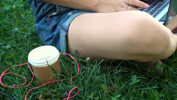 girl with laptop sitting on a grass - Video