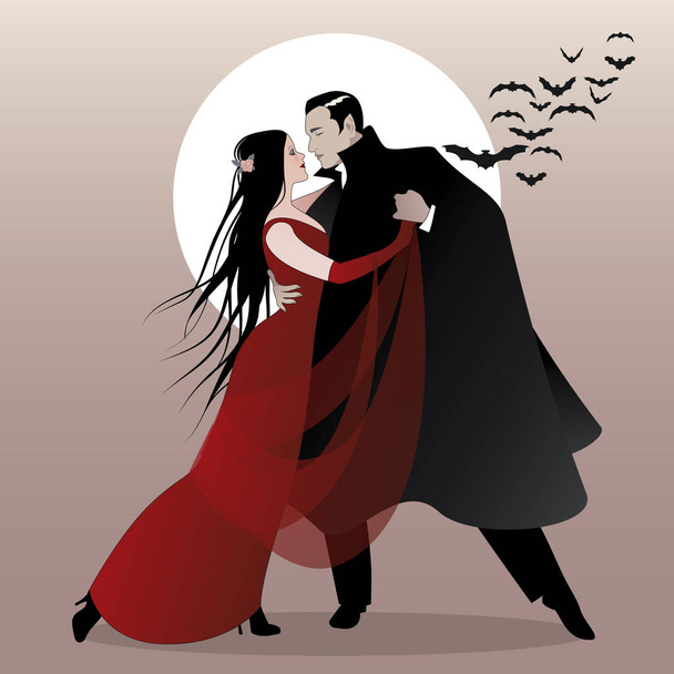 Cadılar Bayramı dans partisi. Halloween gece dans romantik vampir Çift. - Vektör, Görsel