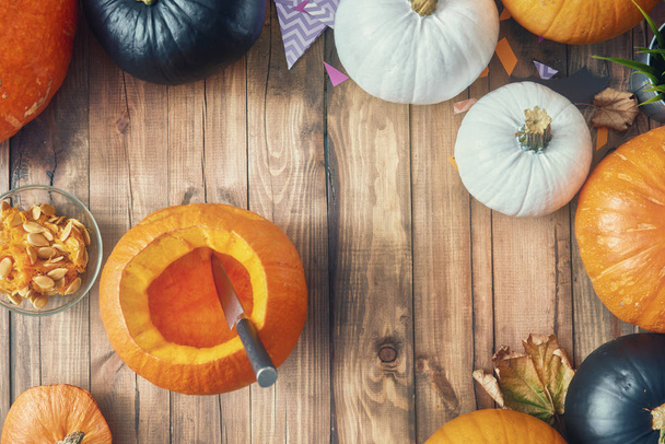Pumpkins on the table - Фото, зображення