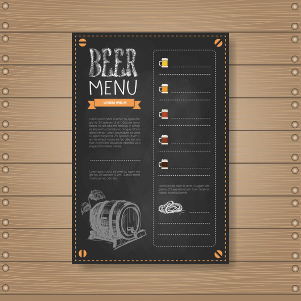 Μπύρα Σχεδίαση μενού για Εστιατόρια Kαφέ Παμπ Chalked σε ξύλινα φόντο με υφή - Διάνυσμα, εικόνα