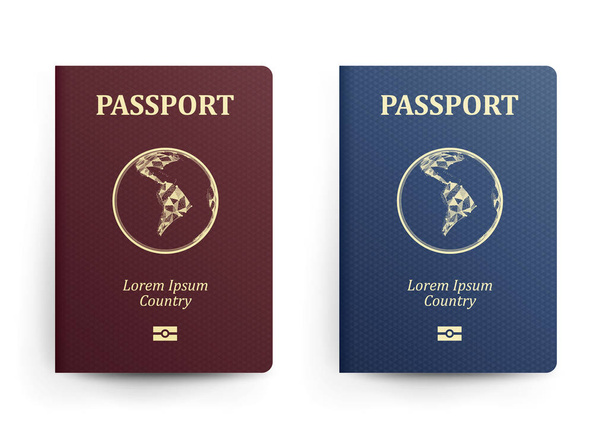Паспорт с картой. Южная Америка. Реалистичная векторная иллюстрация. Красные и синие паспорта с глобусом. Международный идентификационный документ. Обложка. Isolated
 - Вектор,изображение