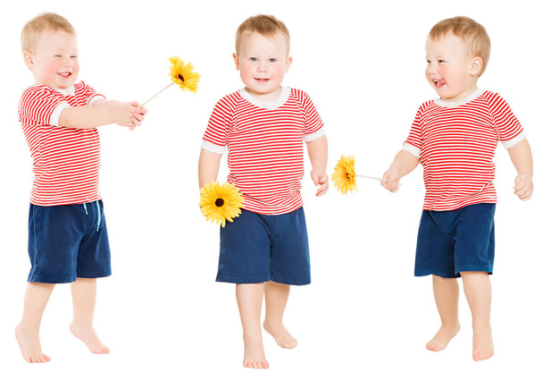 Child Boy with Flower, Happy Kid Isolated over White - Foto, immagini