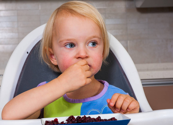 μικρό κορίτσι τρώει αποξηραμένα μούρα - Φωτογραφία, εικόνα