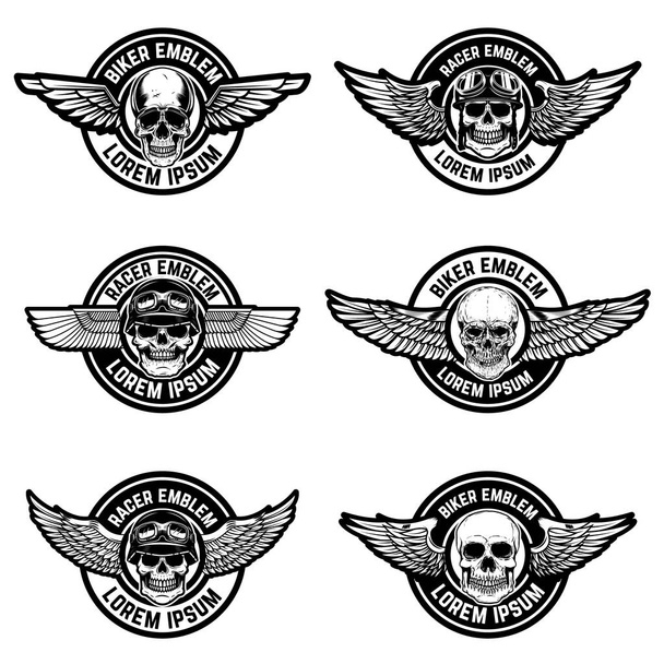 Set of biker club emblems templates. Emblems with skulls and wings. - Wektor, obraz