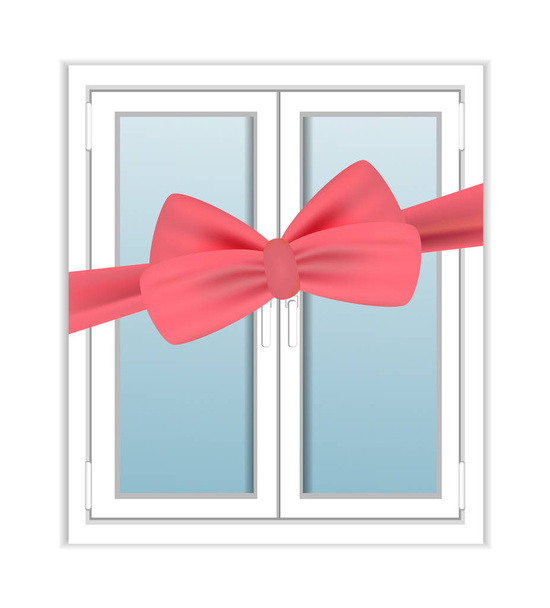 Window plastic with pink ribbon and bow as a gift. Vector  - Вектор,изображение