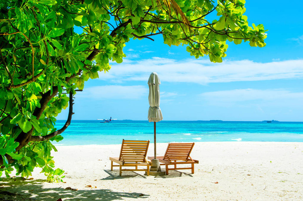 Belle plage de sable avec chaises longues et parasols dans l'océan Indien, Maldives île
 - Photo, image